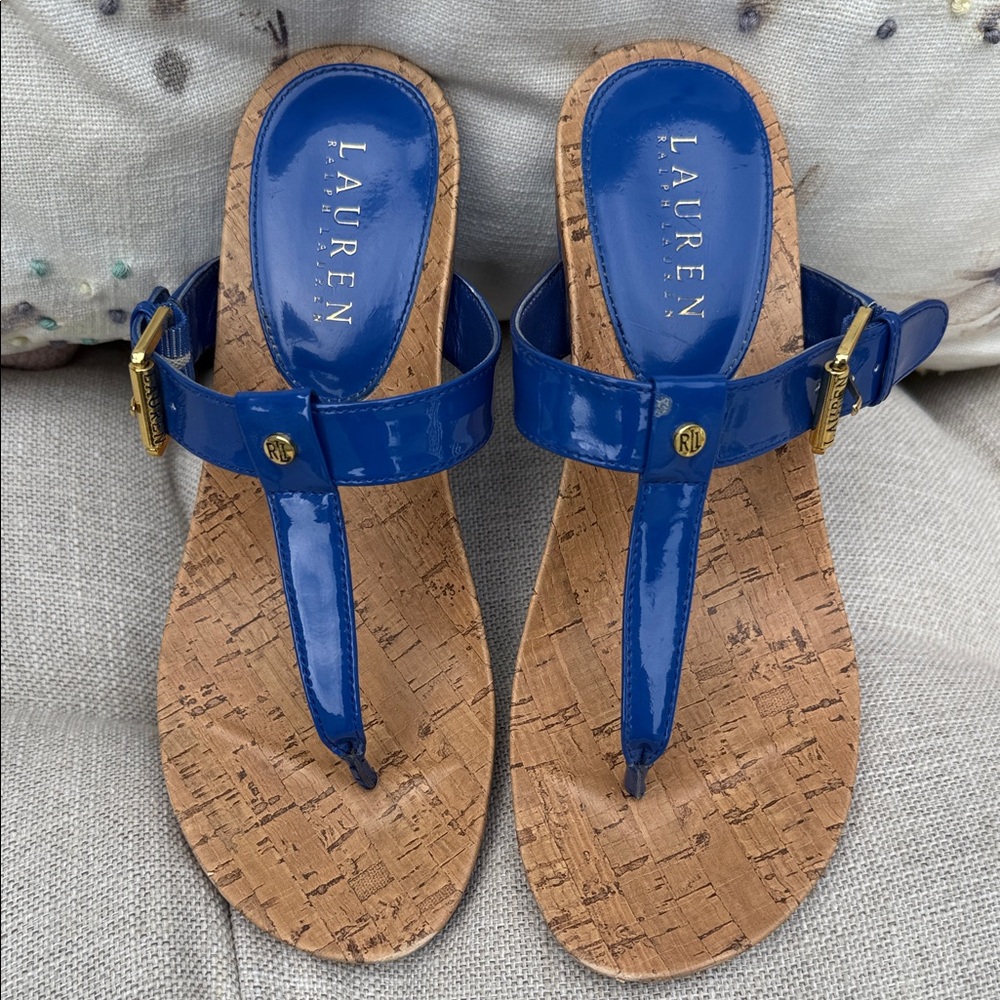 Lauren Ralph Lauren Blue  Patent Leather Cork Wedge Sandals